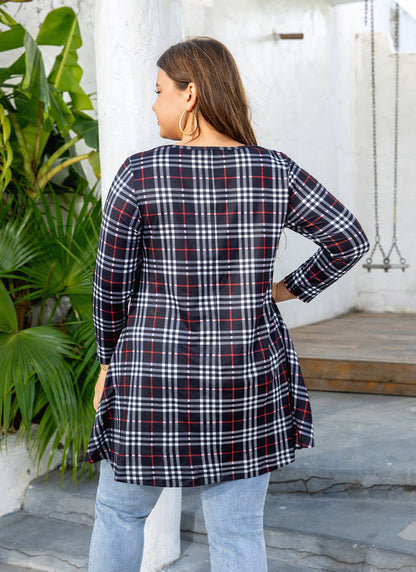 Women's Plus Size Plaid Tunic Top | 3/4 Sleeve Swing Blouse, Flowy Loose Fit, Wear with Leggings – Navy Plaid, XL A5 SATBC to 4XL