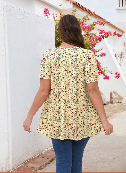 Women's Yellow Floral Swing Tunic Top – Short Sleeve, Plus Size B49