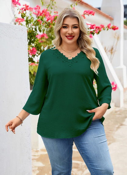 Women's Plus Size Floral Trim Tunic Top | 3/4 Sleeve V-Neck Blouse – Green J3