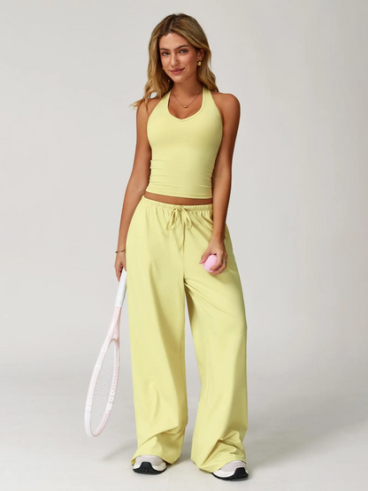 Women's 2-Piece Halter Neck Sports Set | Wide Leg Pants & Sleeveless Top for Workout, Running & Tennis