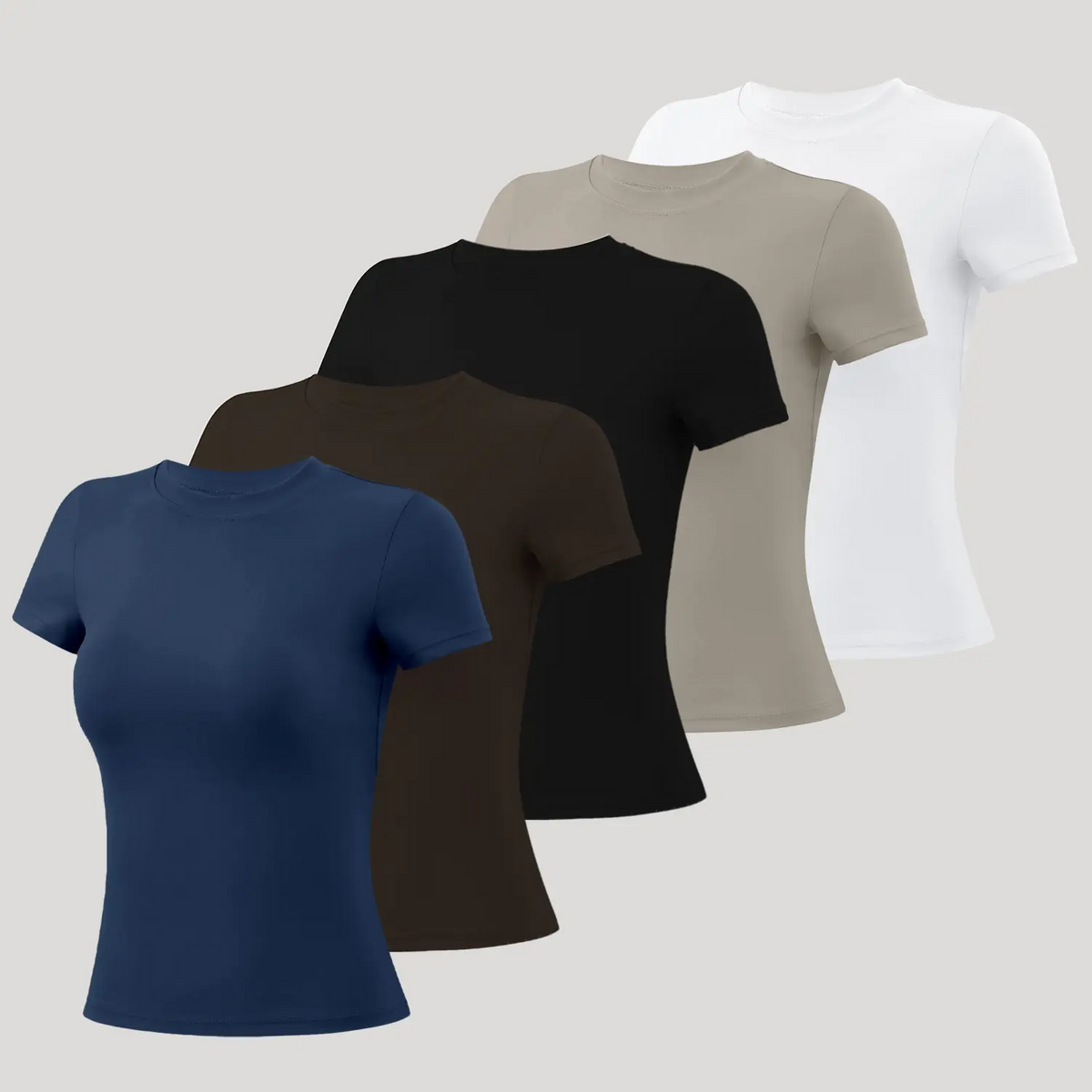 Women's 5-Pack Slim-Fit Sports Tee Set – Moisture-Wicking Nylon, Round Neck Workout Tops for Yoga & Gym