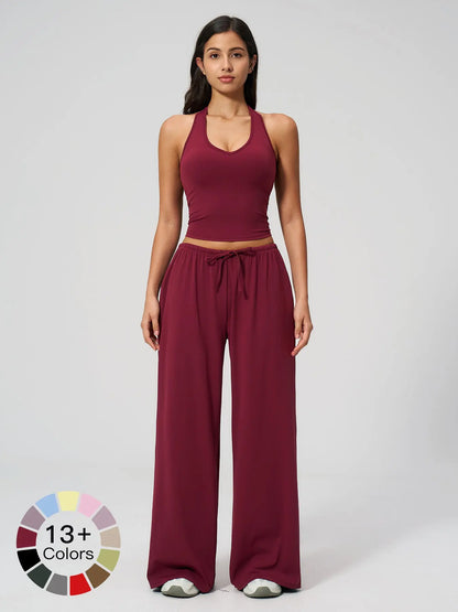 Women's 2-Piece Halter Neck Sports Set | Wide Leg Pants & Sleeveless Top for Workout, Running & Tennis