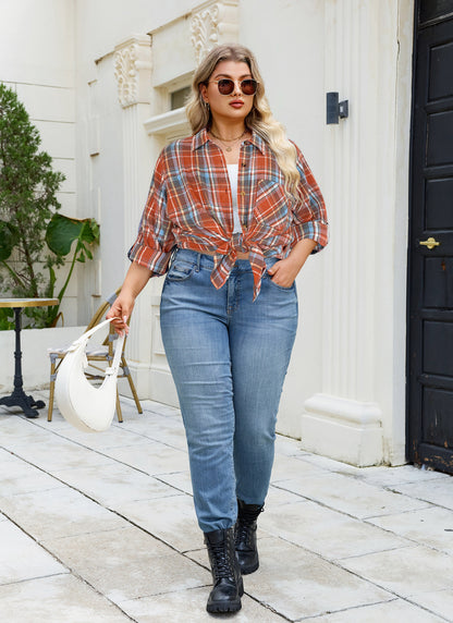 Plus Size Rust Orange Plaid Button-Up Shirt G23