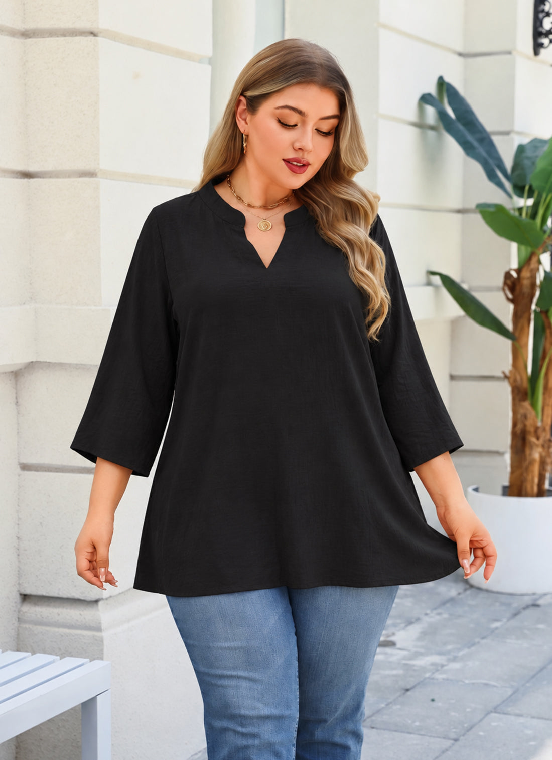 Plus Size Black Split V-Neck Tunic Top  L13