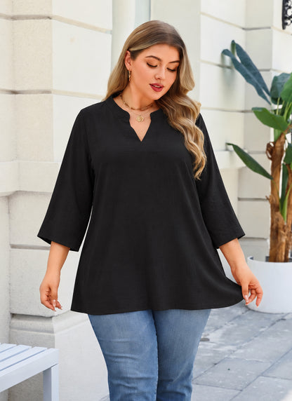 Plus Size Black Split V-Neck Tunic Top  L13