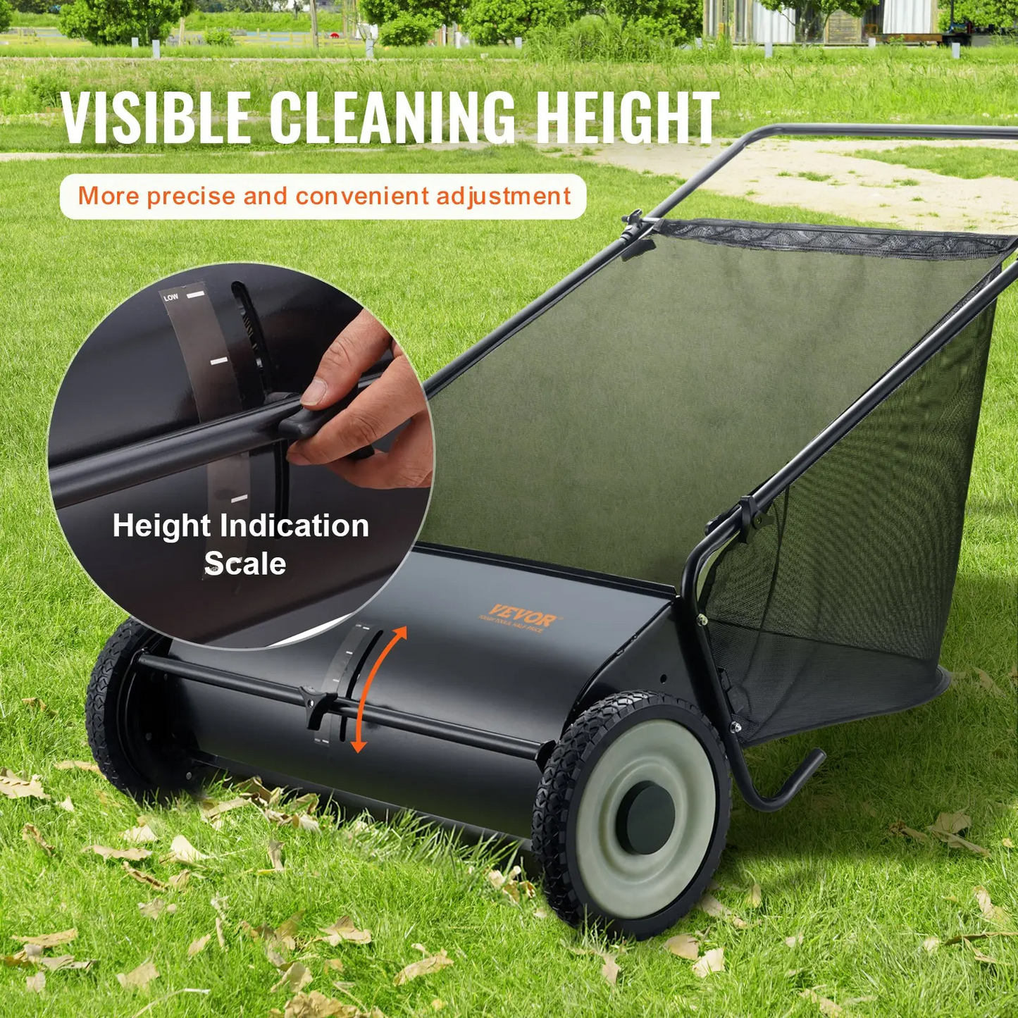 Push Lawn Sweeper 26 Inch Leaf & Grass CollectorStrong Rubber Wheels