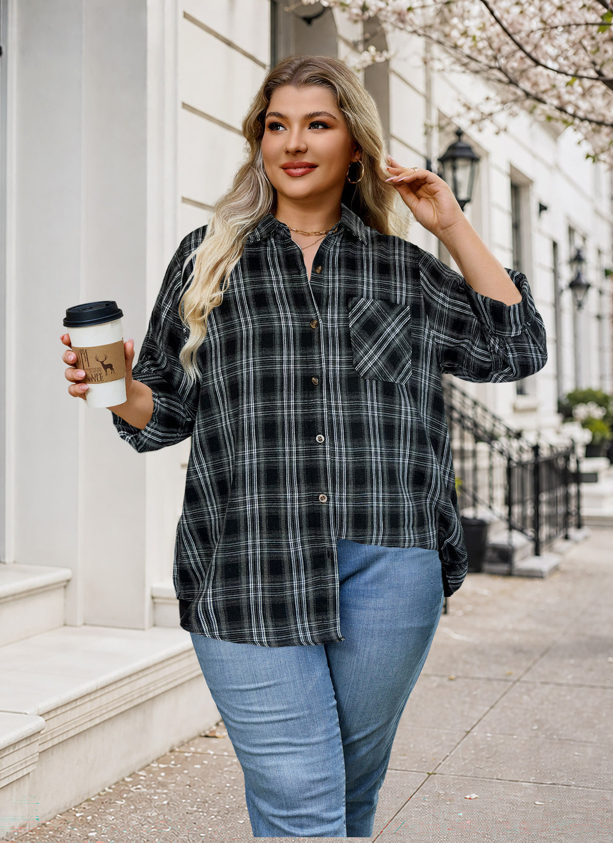 Plus Size Black Plaid Button-Up Shirt G26