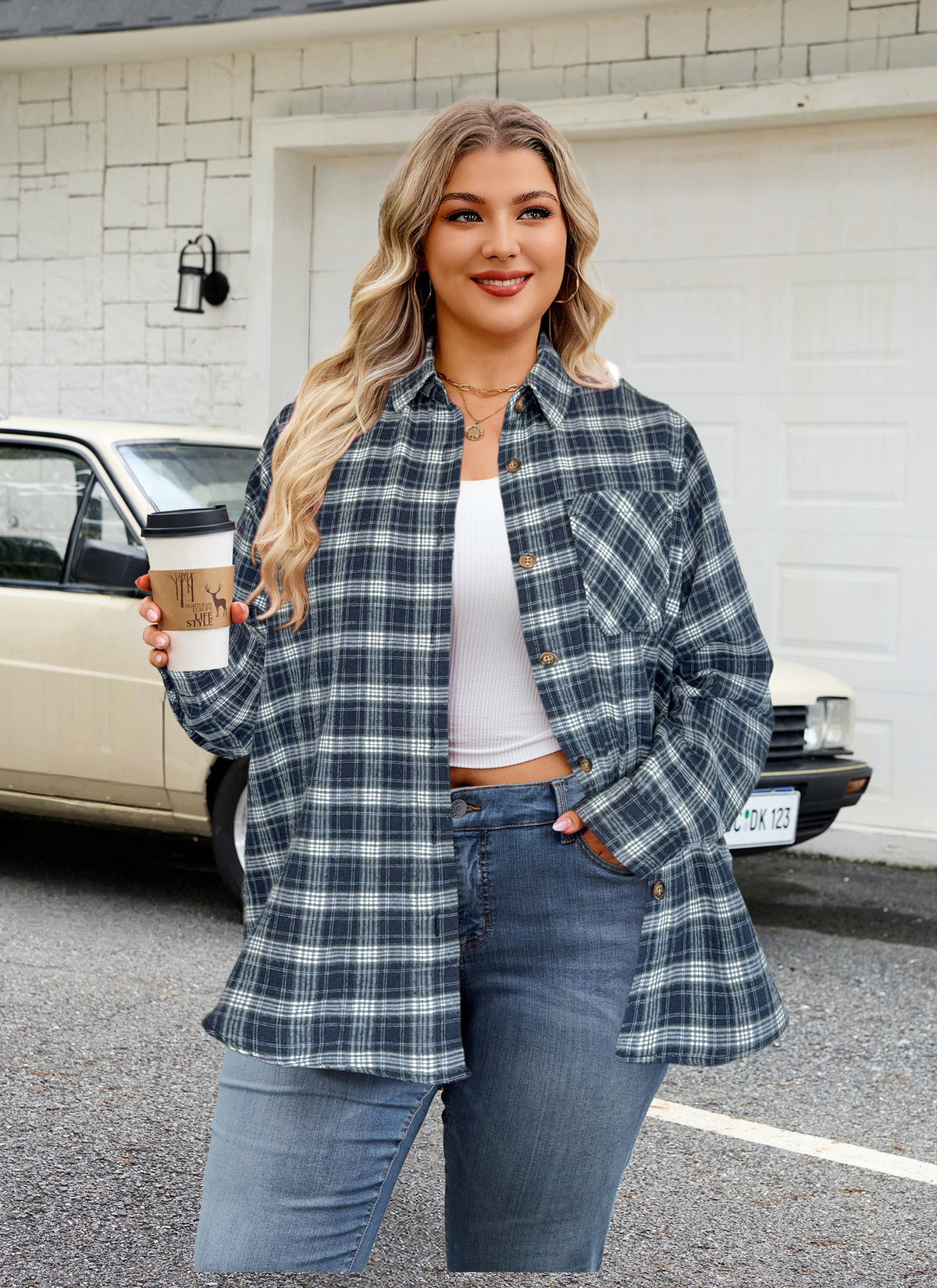 Plus Size Navy Blue Plaid Button-Up Shirt