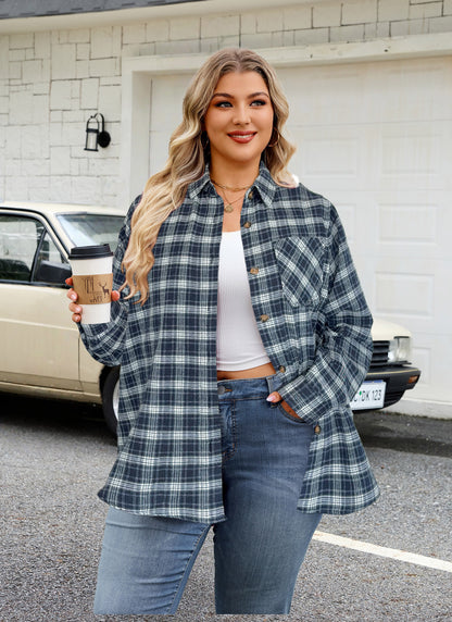 Plus Size Navy Blue Plaid Button-Up Shirt