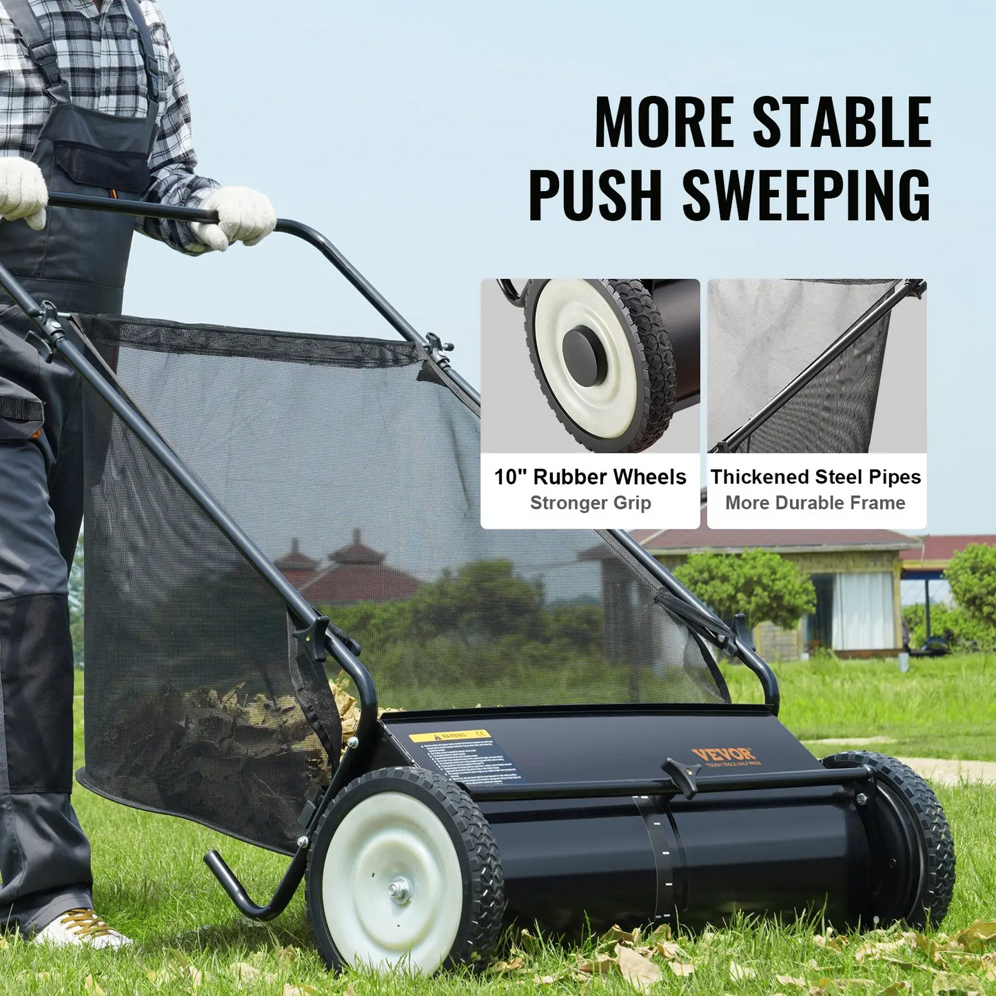 Push Lawn Sweeper 26 Inch Leaf & Grass CollectorStrong Rubber Wheels
