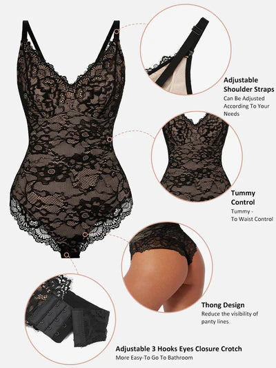 Feelingirl Lace V Neck Full Bodysuit
