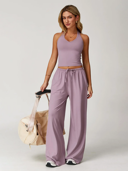 Women's 2-Piece Halter Neck Sports Set | Wide Leg Pants & Sleeveless Top for Workout, Running & Tennis