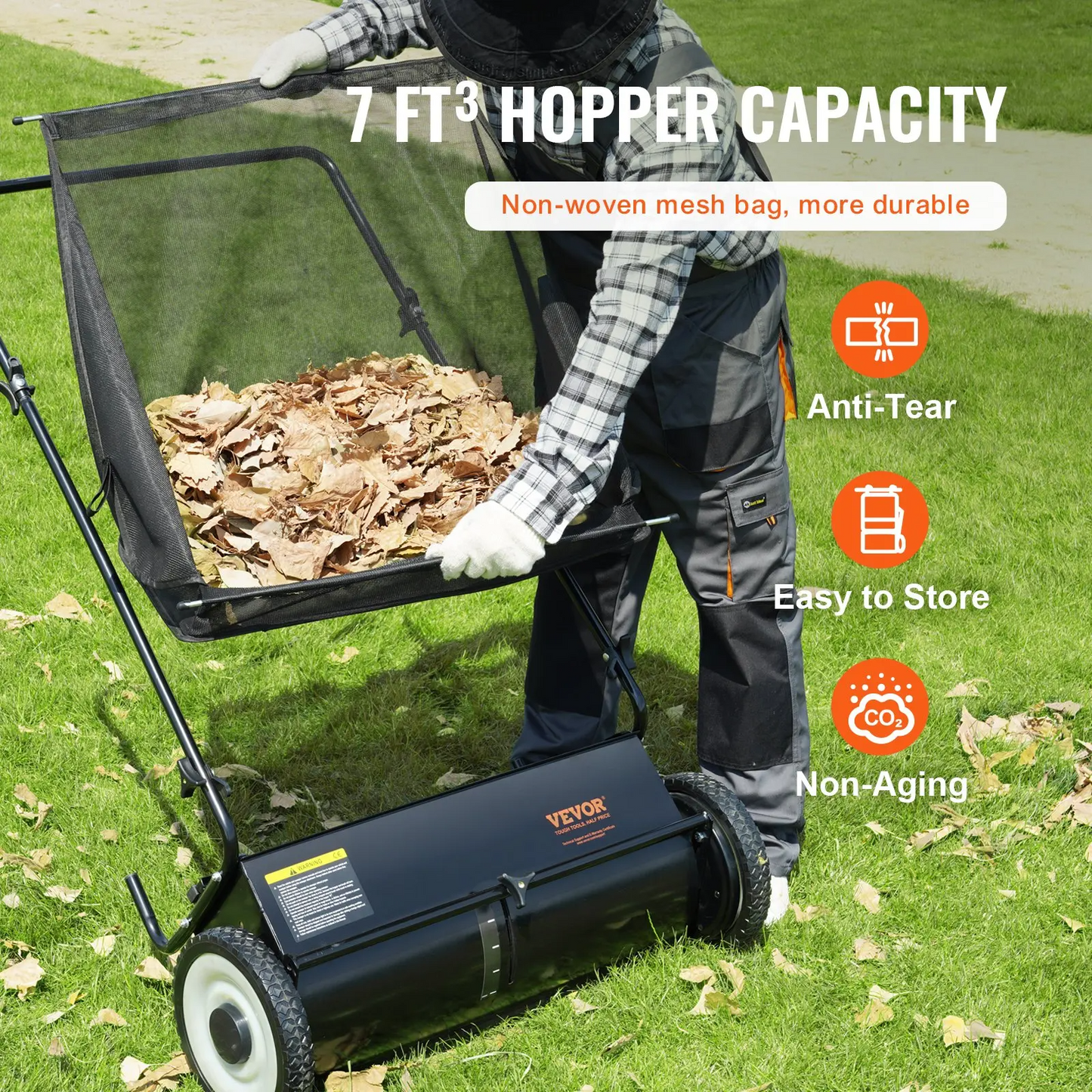 Push Lawn Sweeper 26 Inch Leaf & Grass CollectorStrong Rubber Wheels
