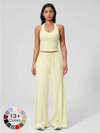 Women's 2-Piece Halter Neck Sports Set | Wide Leg Pants & Sleeveless Top for Workout, Running & Tennis