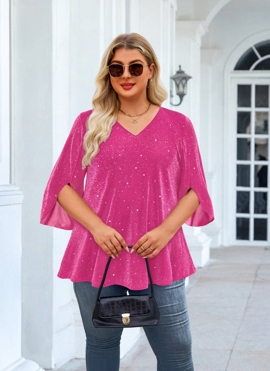 Plus Size Pink Sparkle V-Neck Top S1