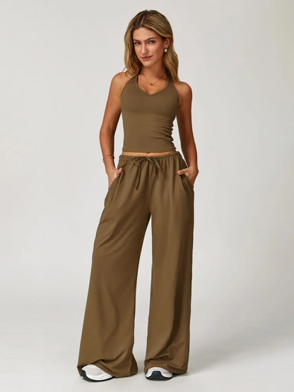 Women's 2-Piece Halter Neck Sports Set | Wide Leg Pants & Sleeveless Top for Workout, Running & Tennis