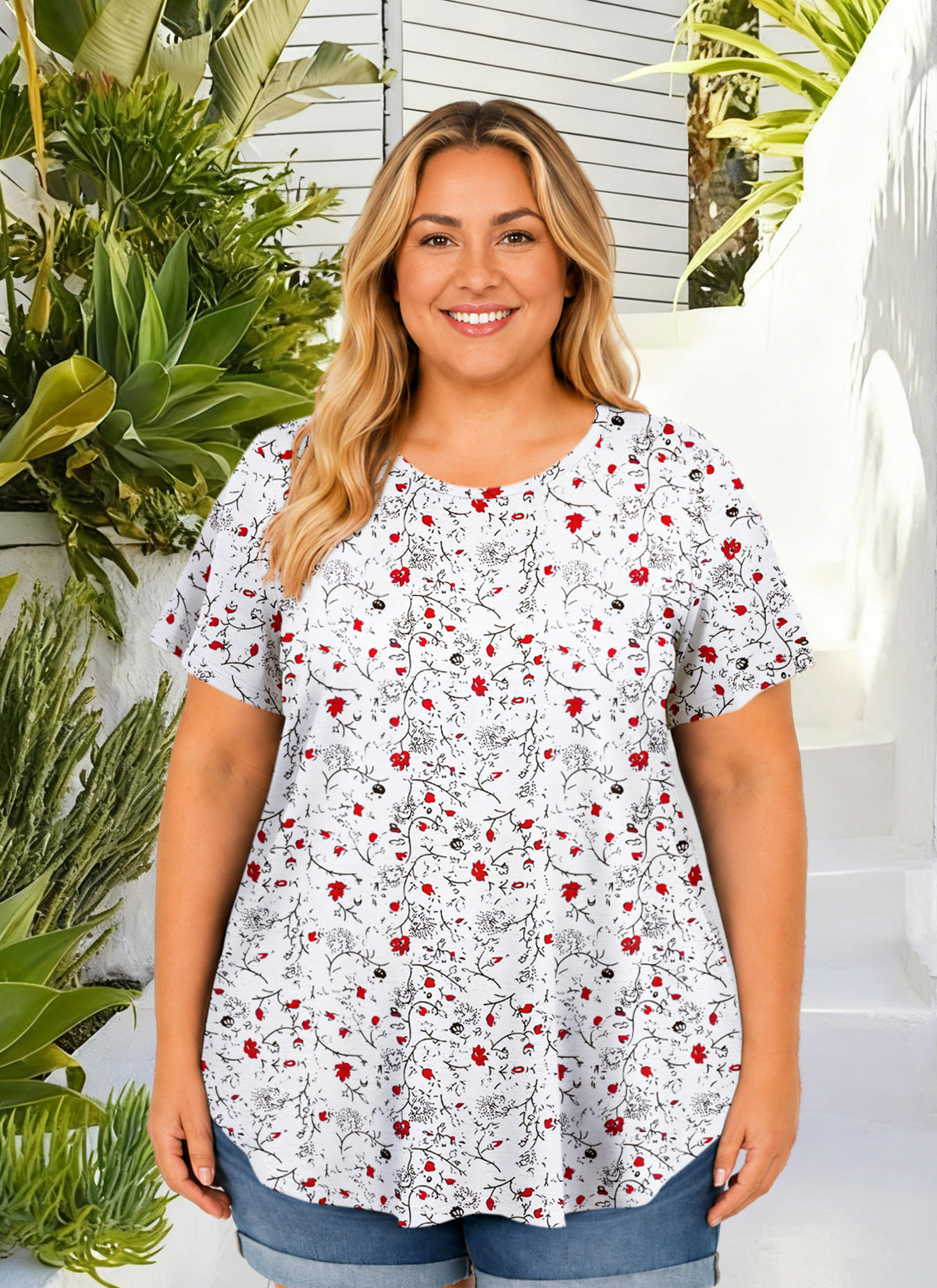 Plus Size White & Red Ditsy Floral Tunic Top