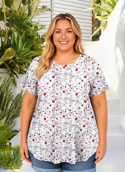 Plus Size White & Red Ditsy Floral Tunic Top