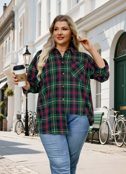 Plus Size Forest Green Plaid Button-Up Shirt F19