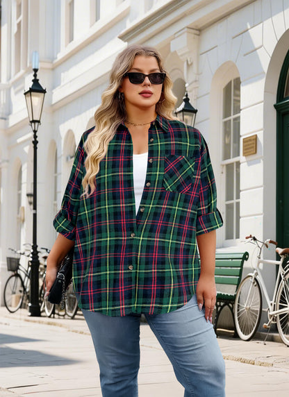Plus Size Forest Green Plaid Button-Up Shirt F19