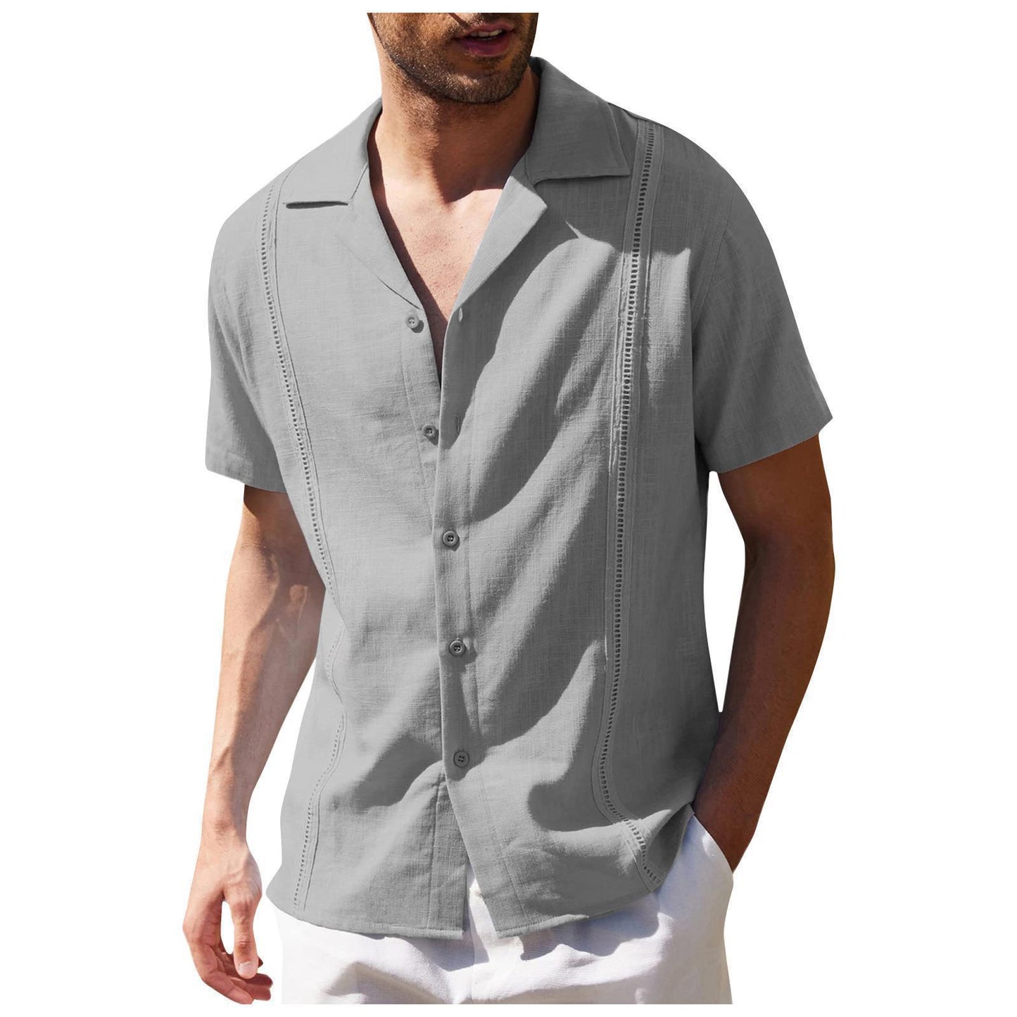 men's button up shirt, loose pleated short sleeved casual shirt
