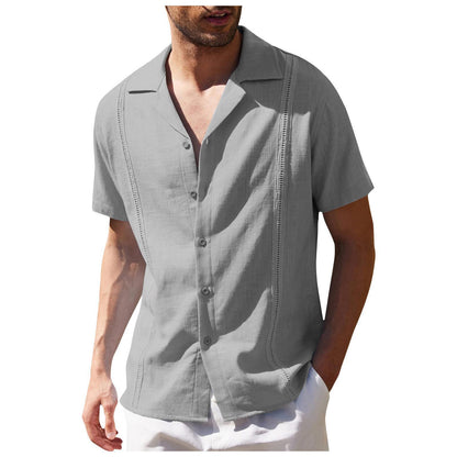 men's button up shirt, loose pleated short sleeved casual shirt