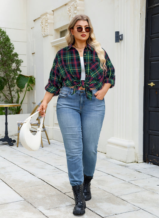 Plus Size Forest Green Plaid Button-Up Shirt F19