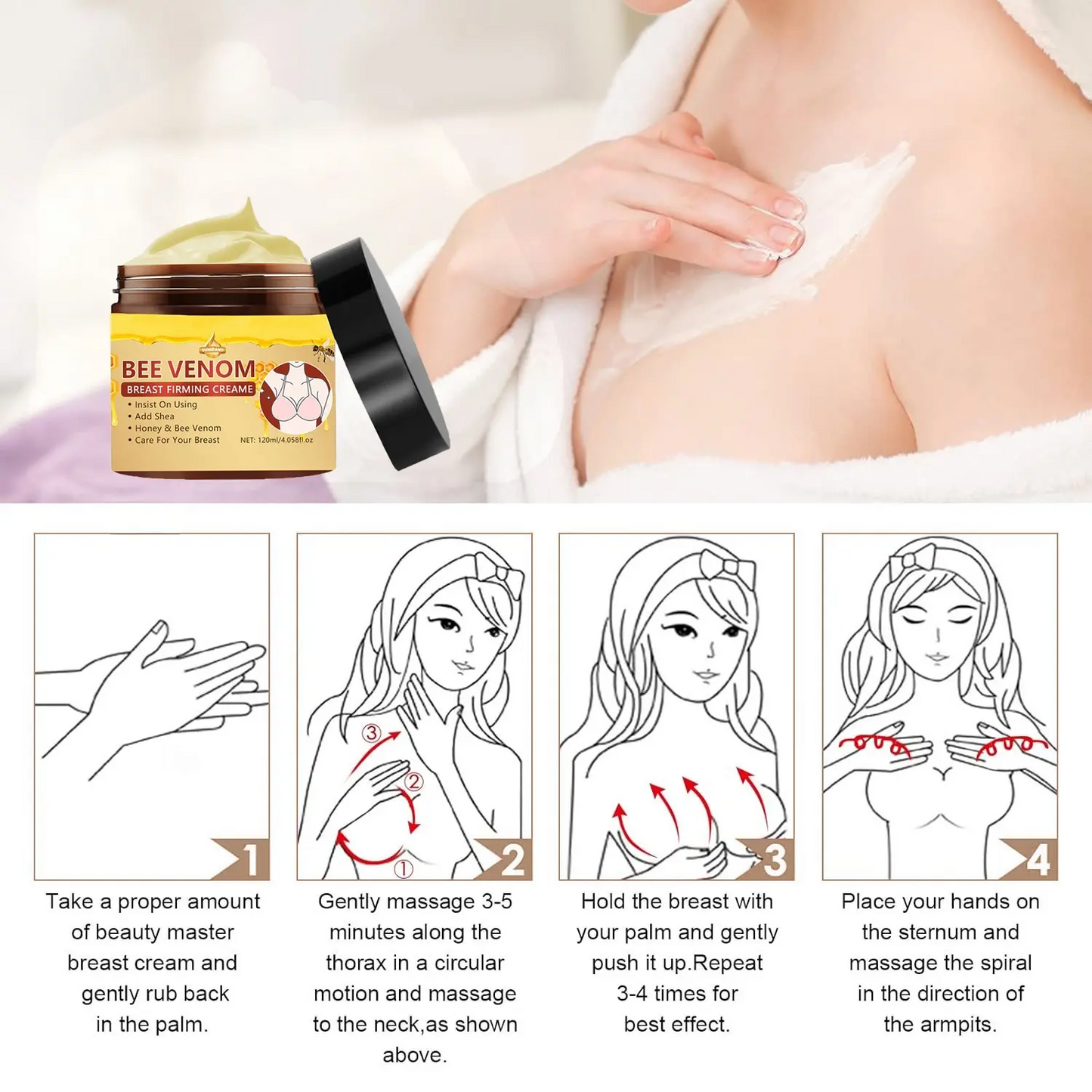 Hydrating and Moisturizing Nourishing Chest and Body Lotion with Shea Butter and Bee Venom Extract, Massage Cream Moisturizer for Women, 120 ml