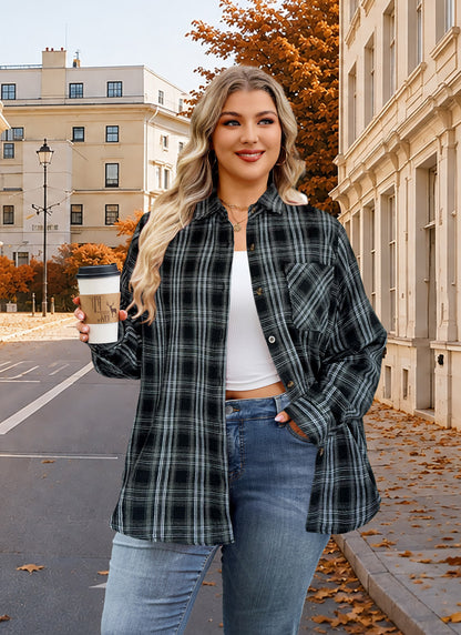 Plus Size Black Plaid Button-Up Shirt G26