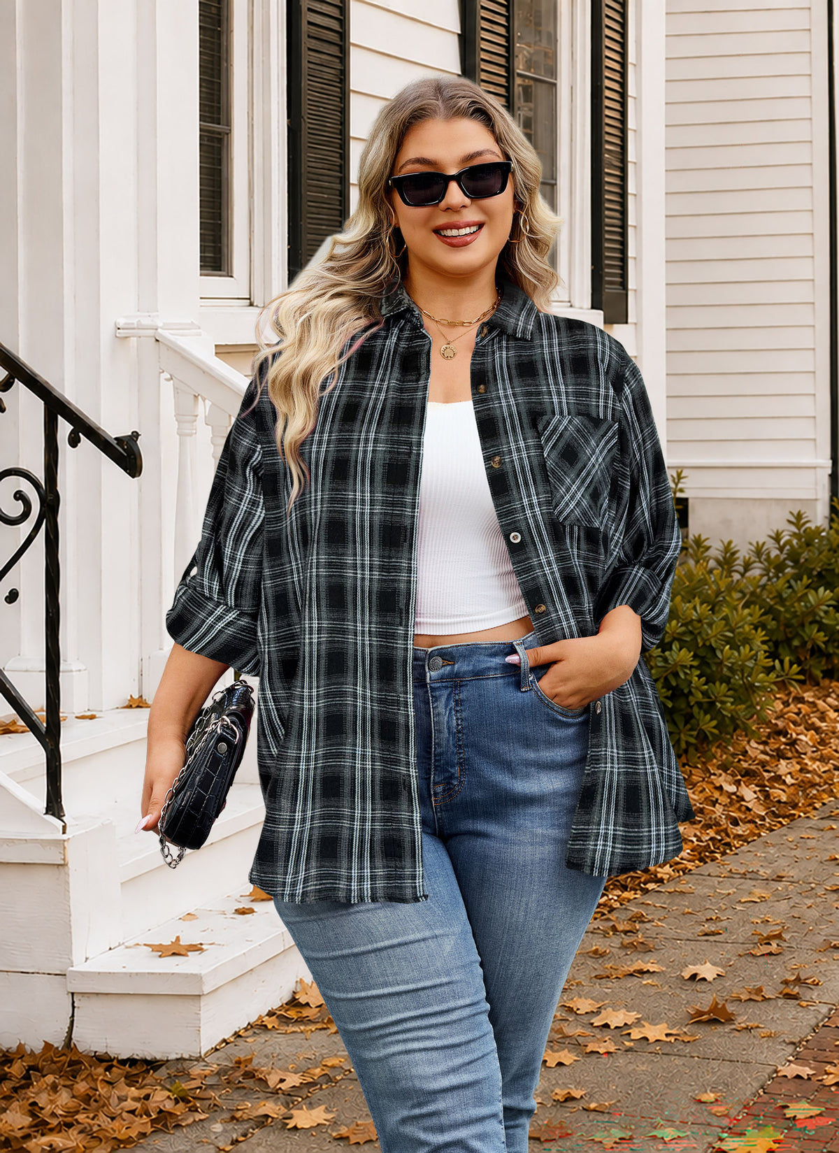 Plus Size Black Plaid Button-Up Shirt G26