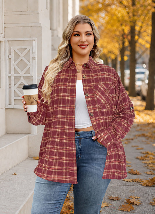 Plus Size Burgundy & Tan Plaid Button-Up Shirt  F25