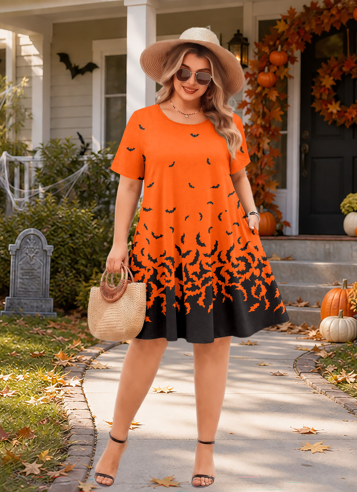 Plus Size Orange Halloween Bat Print Swing Dress