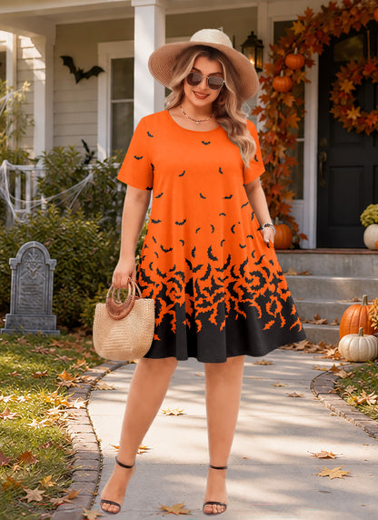 Plus Size Orange Halloween Bat Print Swing Dress