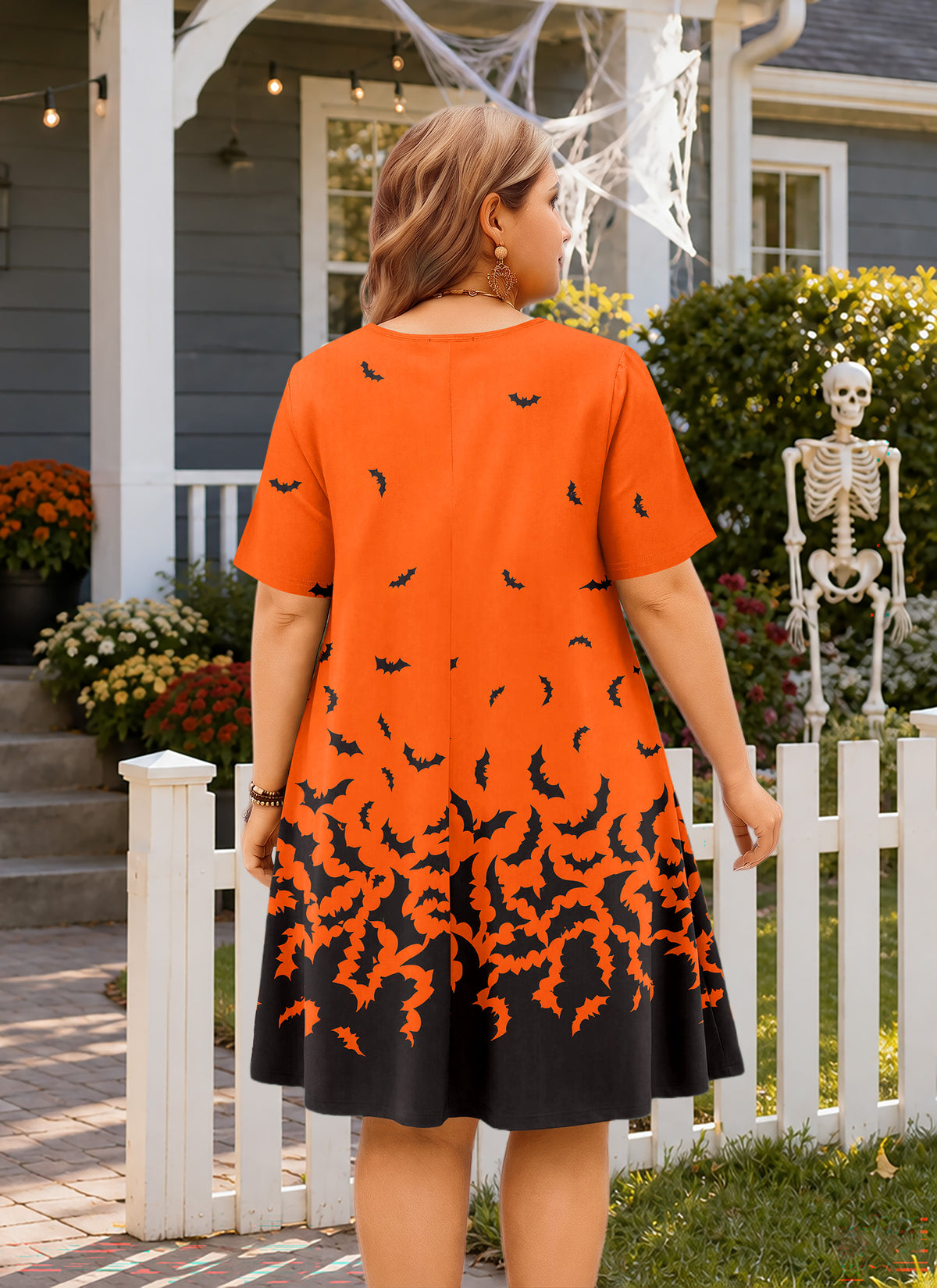 Plus Size Orange Halloween Bat Print Swing Dress