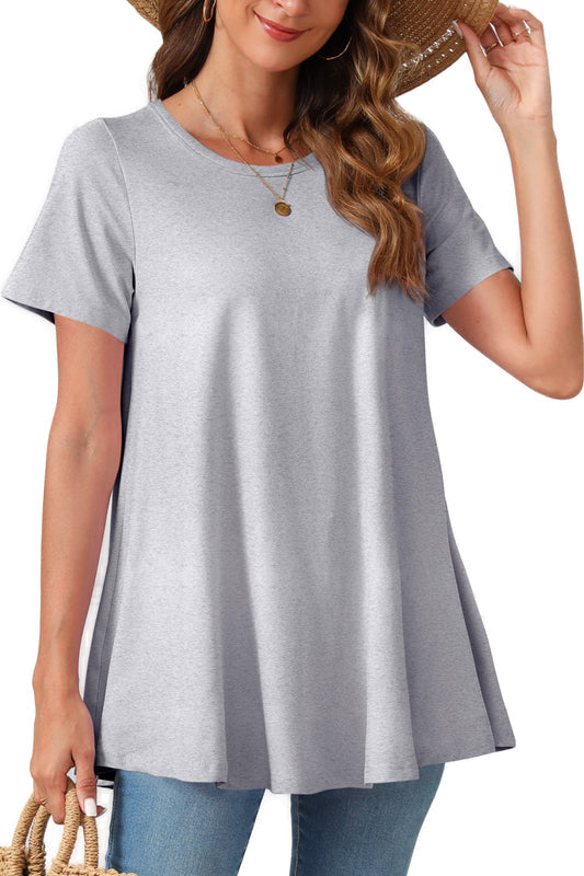 Light Grey Short Sleeve Swing Tunic Top – Women's Plus Size Crew Neck Flowy Blouse to Wear with Leggings (S–7XL) B11