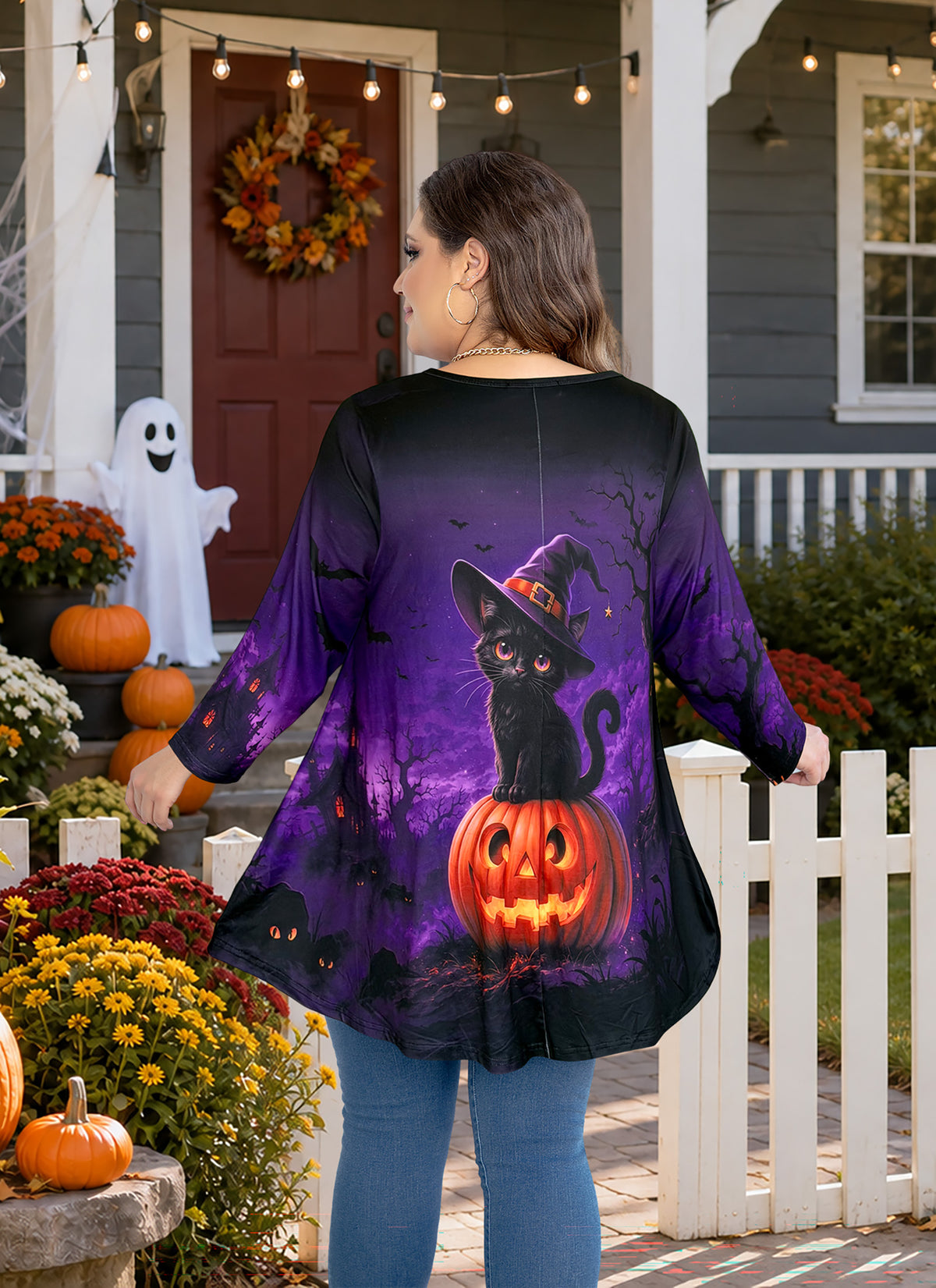 Plus Size Purple Halloween Cat Tunic Top D37