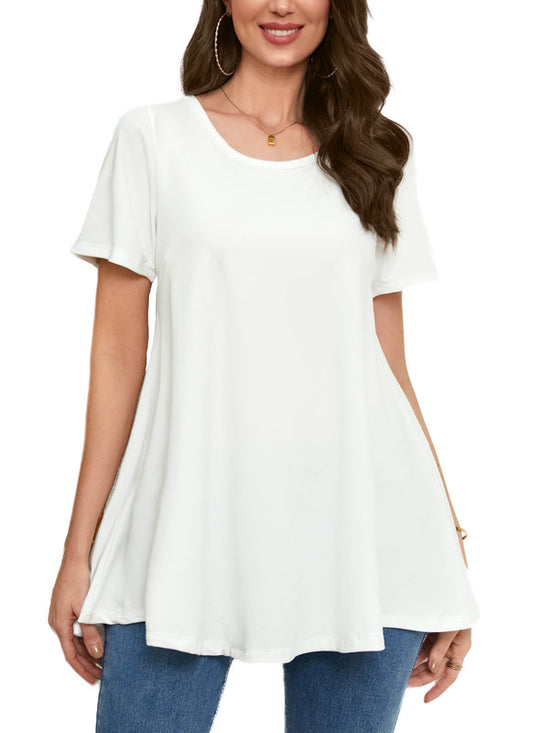 White Short Sleeve Swing Tunic Top – Women's Plus Size Crew Neck Flowy Blouse to Wear with Leggings (S–7XL) B2