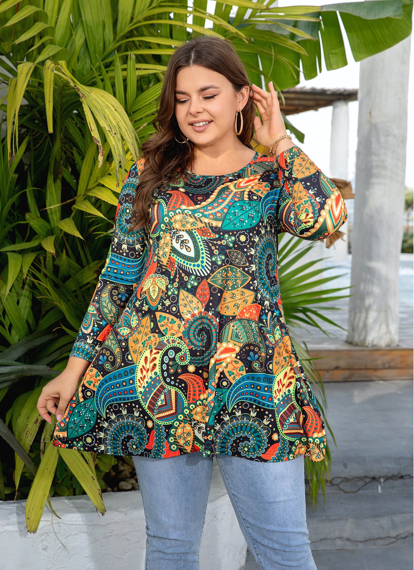 Womens Tops - Plus Size Tunics 3/4 Sleeve Loose Fit Dressy Casual Long Swing Flowy Lady Blouses Shirts Wear with Leggings Teals Blue Clothing A7 SATOL
