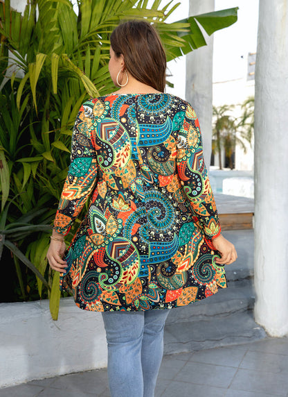 Women's Plus Size Boho Leaf Print Tunic Top | 3/4 Sleeve Swing Blouse with Pockets, Flowy Fit, Wear with Leggings – Colorful, S to 5XL A7 SATOL
