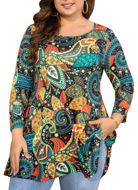 Women's Plus Size Boho Leaf Print Tunic Top | 3/4 Sleeve Swing Blouse with Pockets, Flowy Fit, Wear with Leggings – Colorful, S to 5XL A7 SATOL