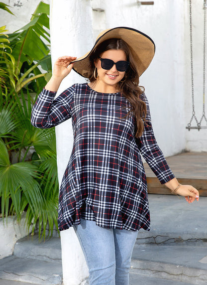 Women's Plus Size Plaid Tunic Top | 3/4 Sleeve Swing Blouse, Flowy Loose Fit, Wear with Leggings – Navy Plaid, XL A5 SATBC to 4XL
