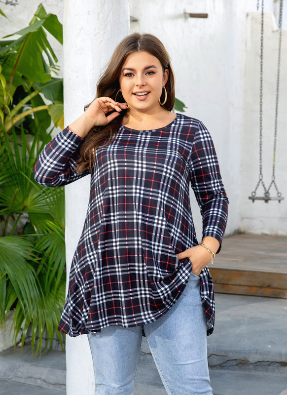 Women's Plus Size Plaid Tunic Top | 3/4 Sleeve Swing Blouse, Flowy Loose Fit, Wear with Leggings – Navy Plaid, XL A5 SATBC to 4XL