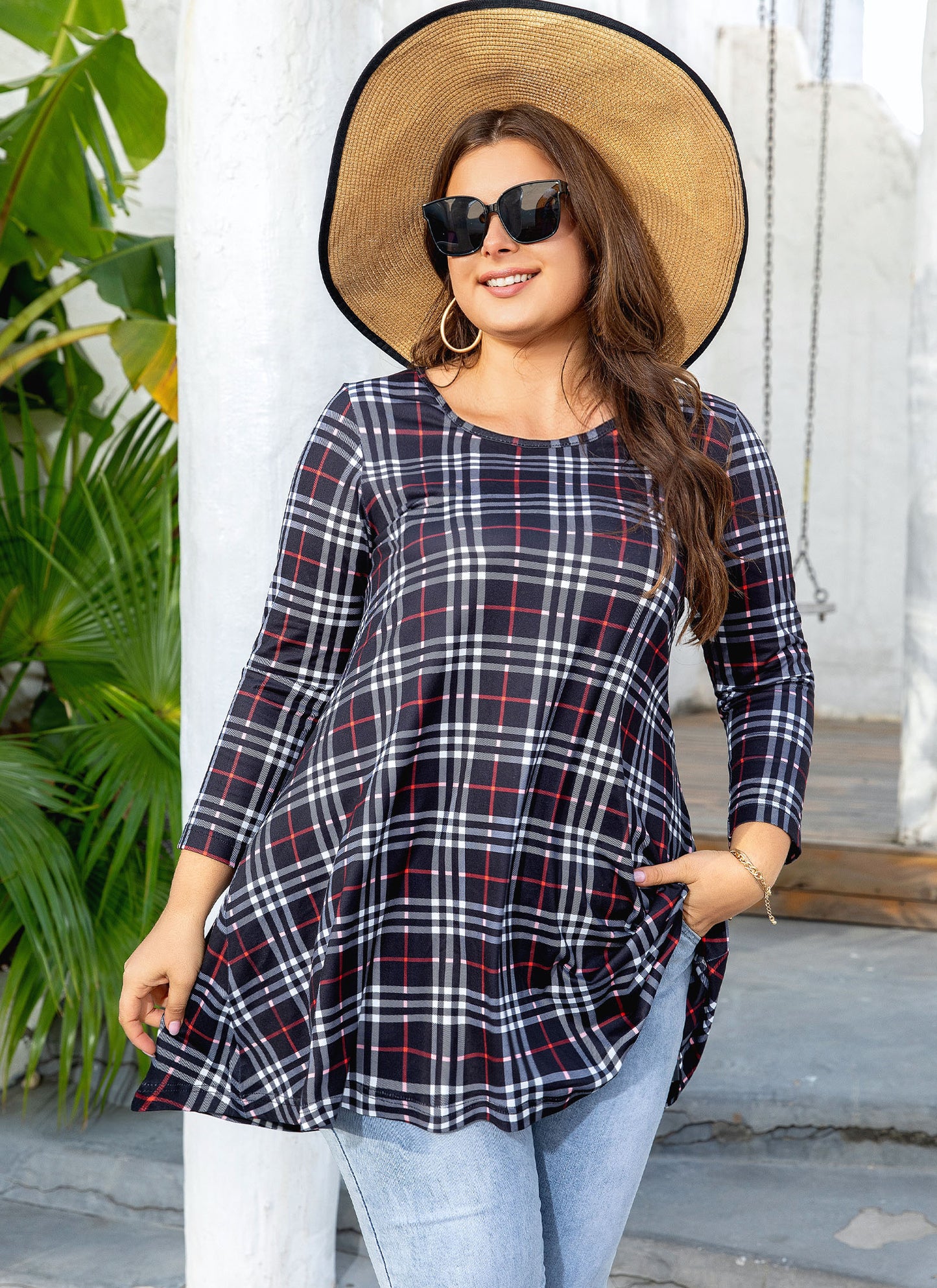 Womens Tops - Plus Size Tunics 3/4 Sleeve Loose Fit Dressy Casual Long Swing Flowy Lady Blouses Shirts Wear with Leggings Teals Blue Clothing A5 SATBC