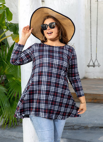 Women's Plus Size Plaid Tunic Top | 3/4 Sleeve Swing Blouse, Flowy Loose Fit, Wear with Leggings – Navy Plaid, XL A5 SATBC to 4XL