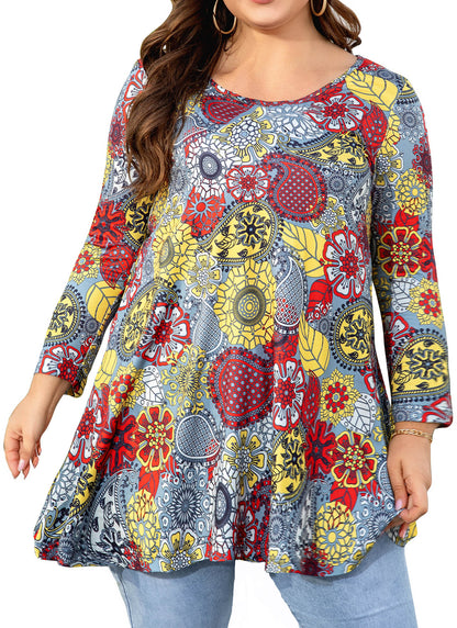 Womens Tunic Tops 3/4 Sleeve Plus Size Crew Neck Swing Flare Loose Fit T-Shirt Blouses to Wear with Leggings I