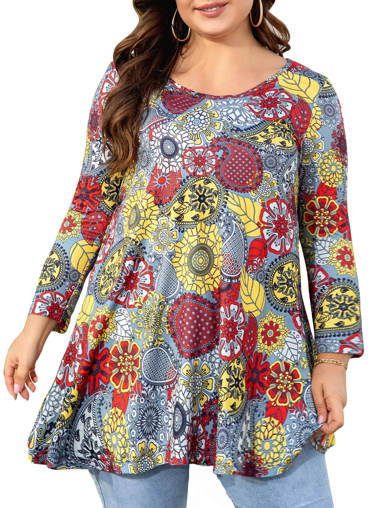 Womens Tops - Plus Size Tunics 3/4 Sleeve Loose Fit Dressy Casual Long Swing Flowy Lady Blouses Shirts Wear with Leggings Teals Blue Clothing A1 SATGF