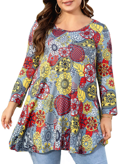 Womens Tops - Plus Size Tunics 3/4 Sleeve Loose Fit Dressy Casual Long Swing Flowy Lady Blouses Shirts Wear with Leggings Teals Blue Clothing A1 SATGF