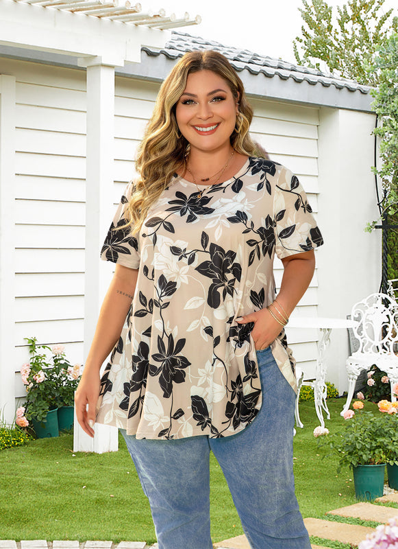 Women's Plus Size Swing Tunic Top – Short Sleeve, Flowy Blouse in Neutral Beige, Black & White b35