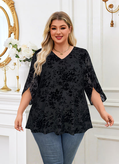 Plus Size Black Floral V-Neck Top S4
