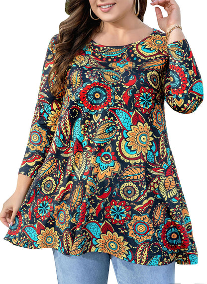 Womens Tops - Plus Size Tunics 3/4 Sleeve Loose Fit Dressy Casual Long Swing Flowy Lady Blouses Shirts Wear with Leggings Teals Blue Clothing A2 SATOF